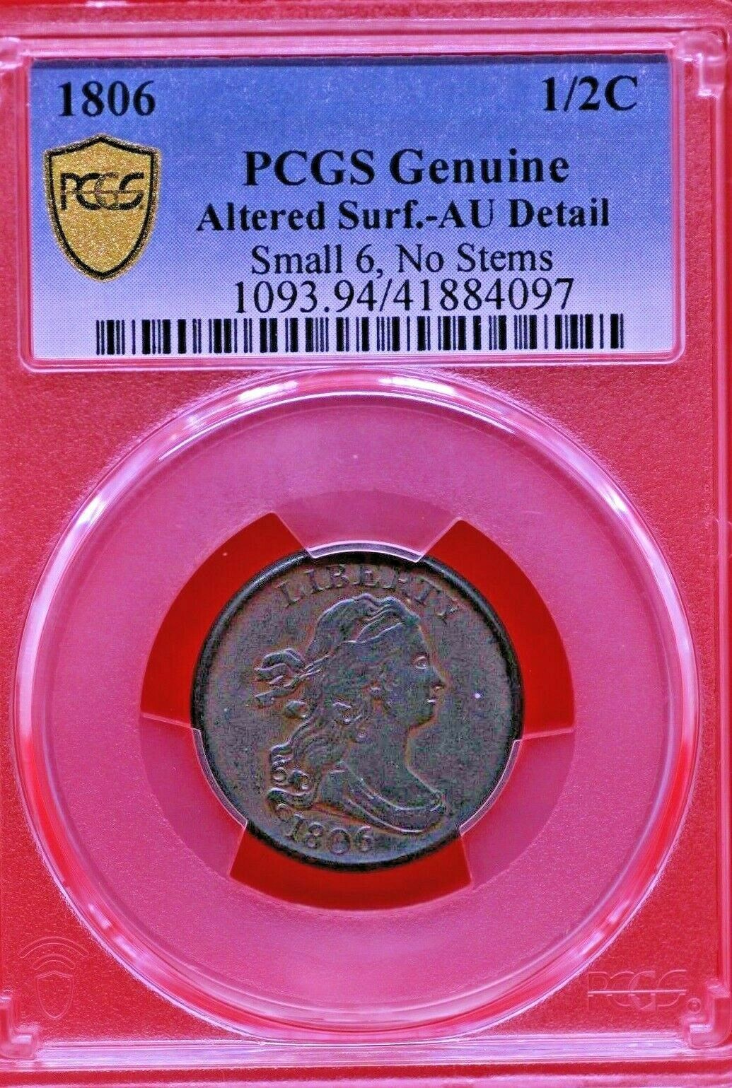 1806 PCGS Altered Surf. AU-Detail Small 6, Stems Draped Bust Half Cent Coin 1/2c