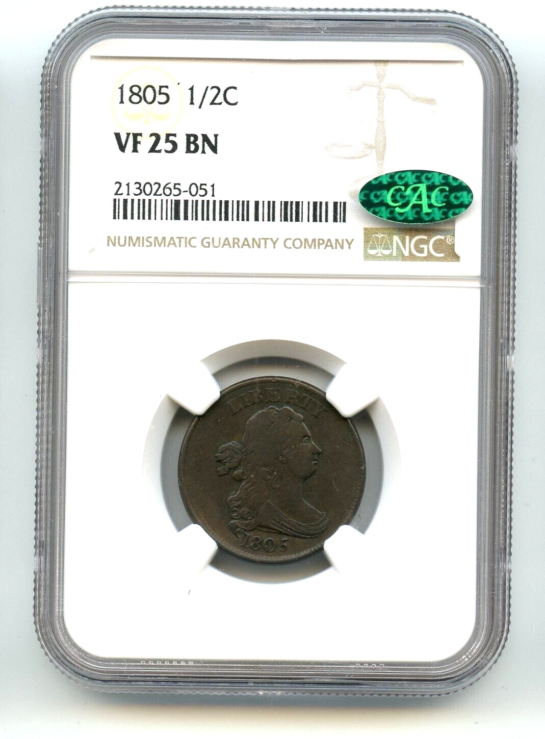 1805 Draped Bust Half Cent (VF-25 BN) NGC & CAC BETTER DATE TO FIND! NO RES!