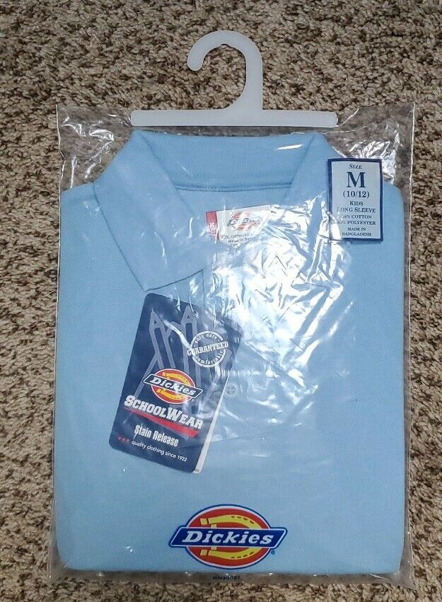 New Dickies Kids Unisex Long Sleeve Blue Polo School Uniform Shirts Pick Size