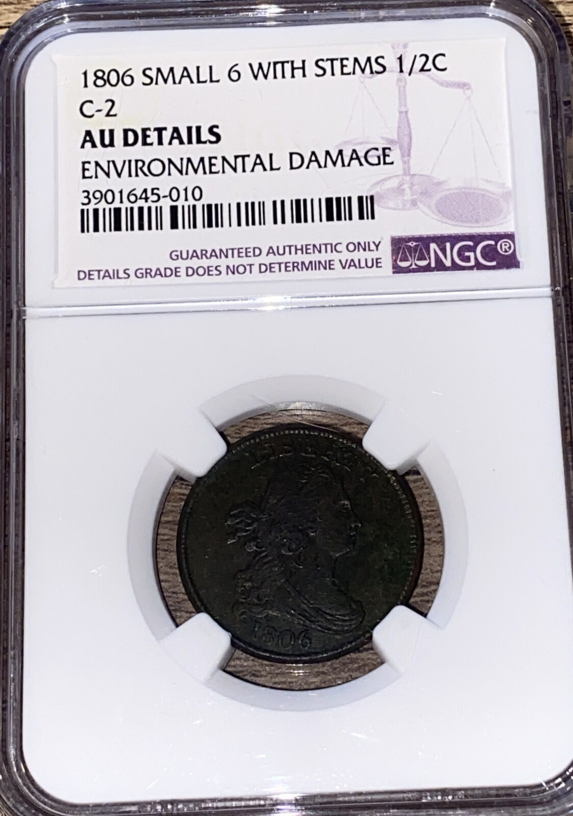1806 SMALL 6 WITH STEMS HALF CENT PIECE NGC C-2 AU DETAILS ENVIRONMENTAL DAMAGE